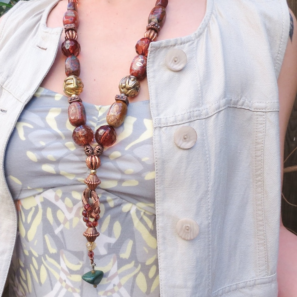 Handmade chunky statement, necklace featuring red and green Jasper nuggets.
